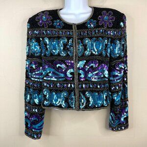 Vintage Night Vogue Sequin Beaded Luxe Silk Jacket Sz L Formal Old Money Holiday